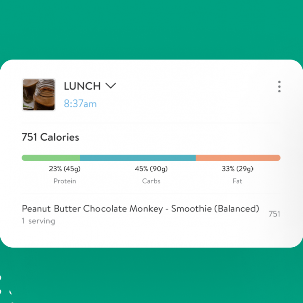 Three screens showing the macro and caloric breakdown of examples of breakfast, lunch, and dinner from Trainerize's in-app meal tracker.